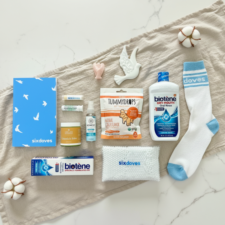 sixdoves Chemo & Radiation Treatment Starter Care Package with gentle essentials to ease treatment side effects and provide comfort throughout the cancer journey.  