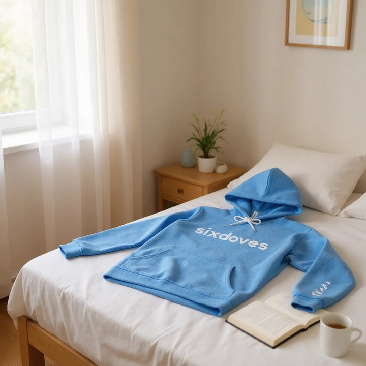 Gifts for cancer patients including a soft, cozy blue sixdoves hoodie unisex sweatshirt to keep patients warm during cancer treatment and beyond. 