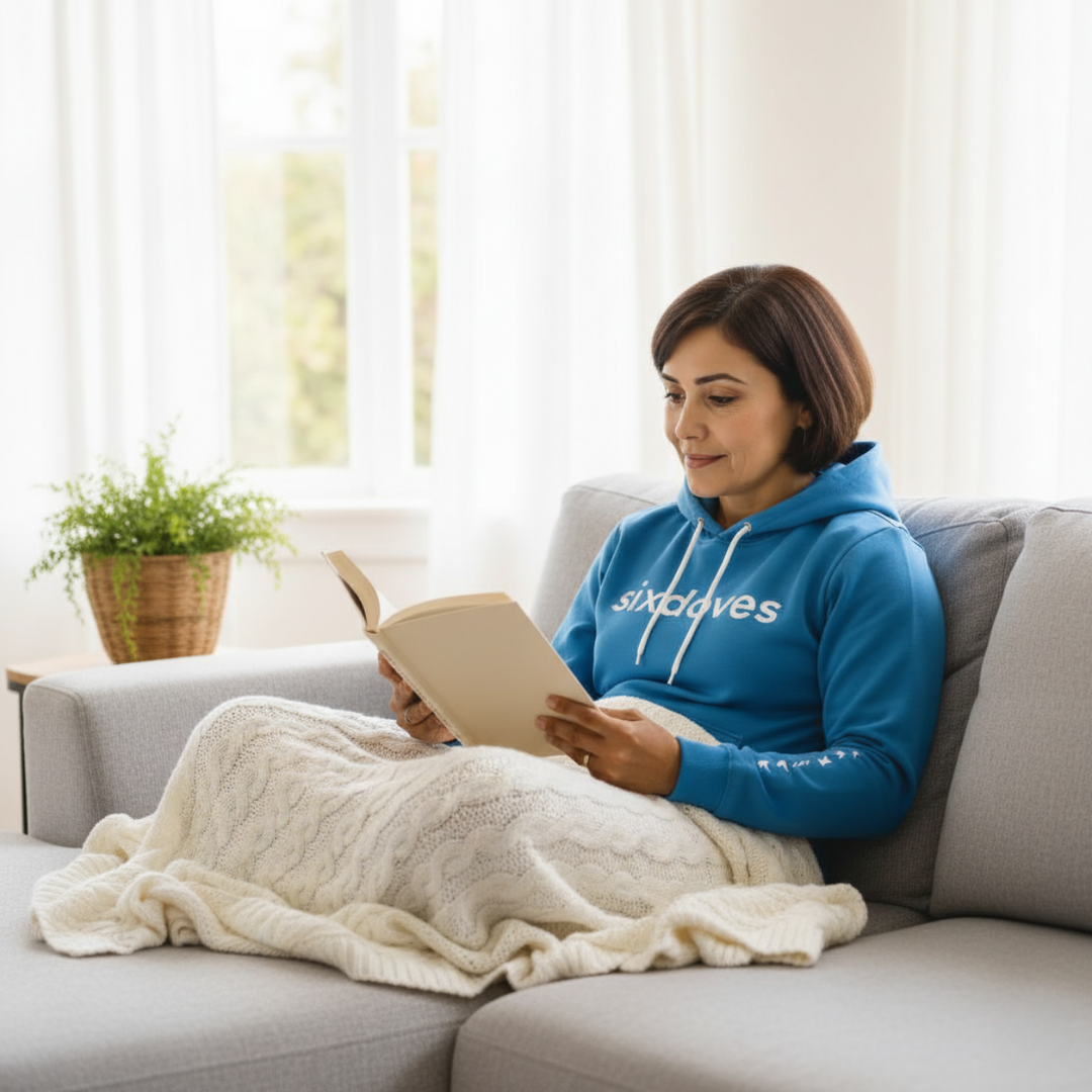 Gifts for cancer patients including a soft, cozy blue sixdoves hoodie unisex sweatshirt to keep patients warm during cancer treatment and beyond.