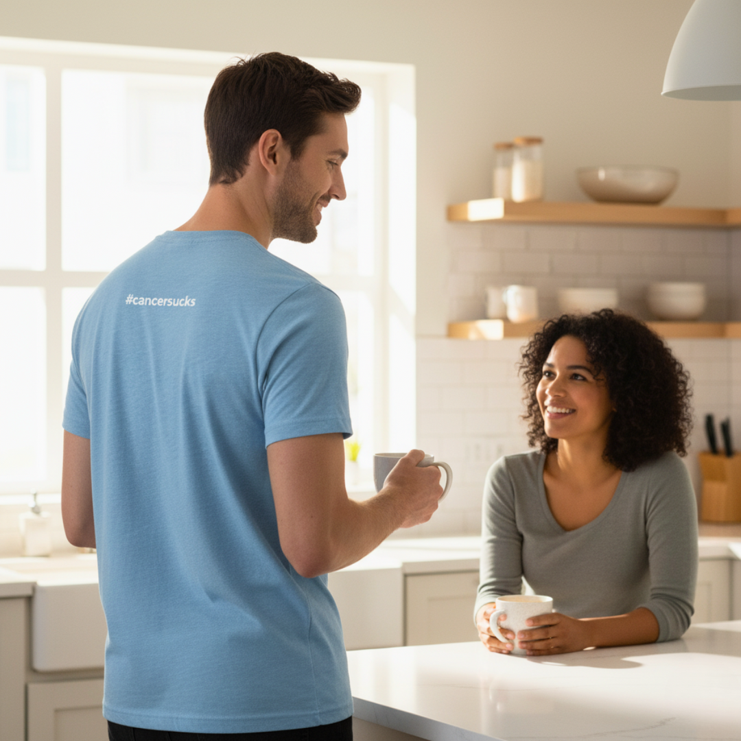 Gifts for cancer patients including a sixdoves Cancer Sucks t-shirt to show support and connection during a patient's cancer journey and beyond. 